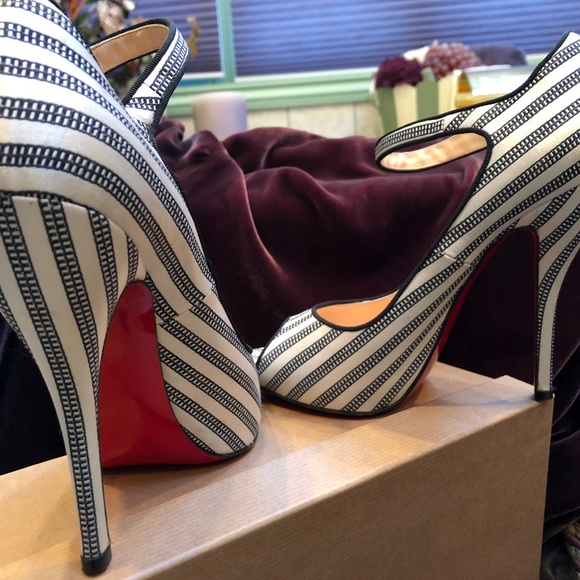 Louboutin Satin Black & White Peep Toe Pumo - Picture 6 of 8